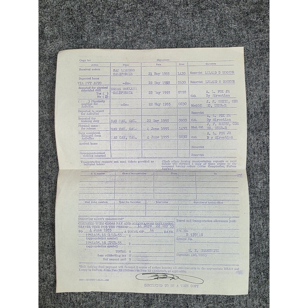 1955 US Naval Air Station Active Duty Training Orders Document California